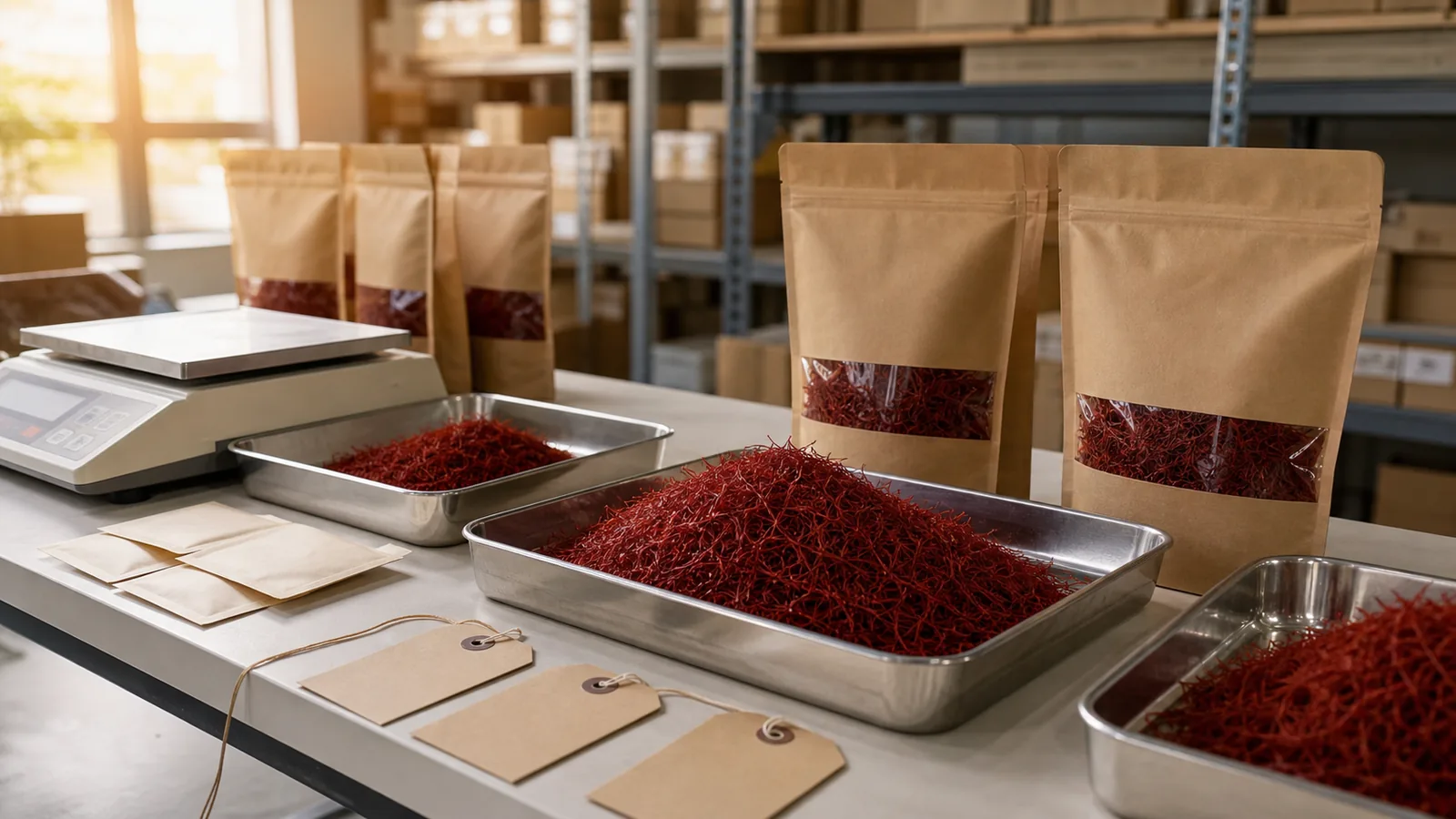 Saffron threads being graded and packed in a certified warehouse