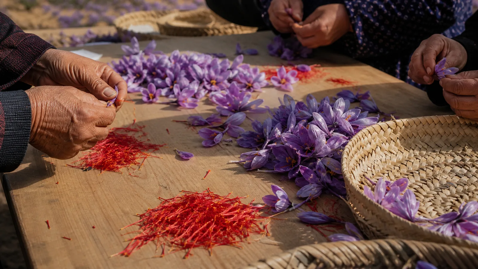 Hands separating saffron stigmas during a harvest skills event