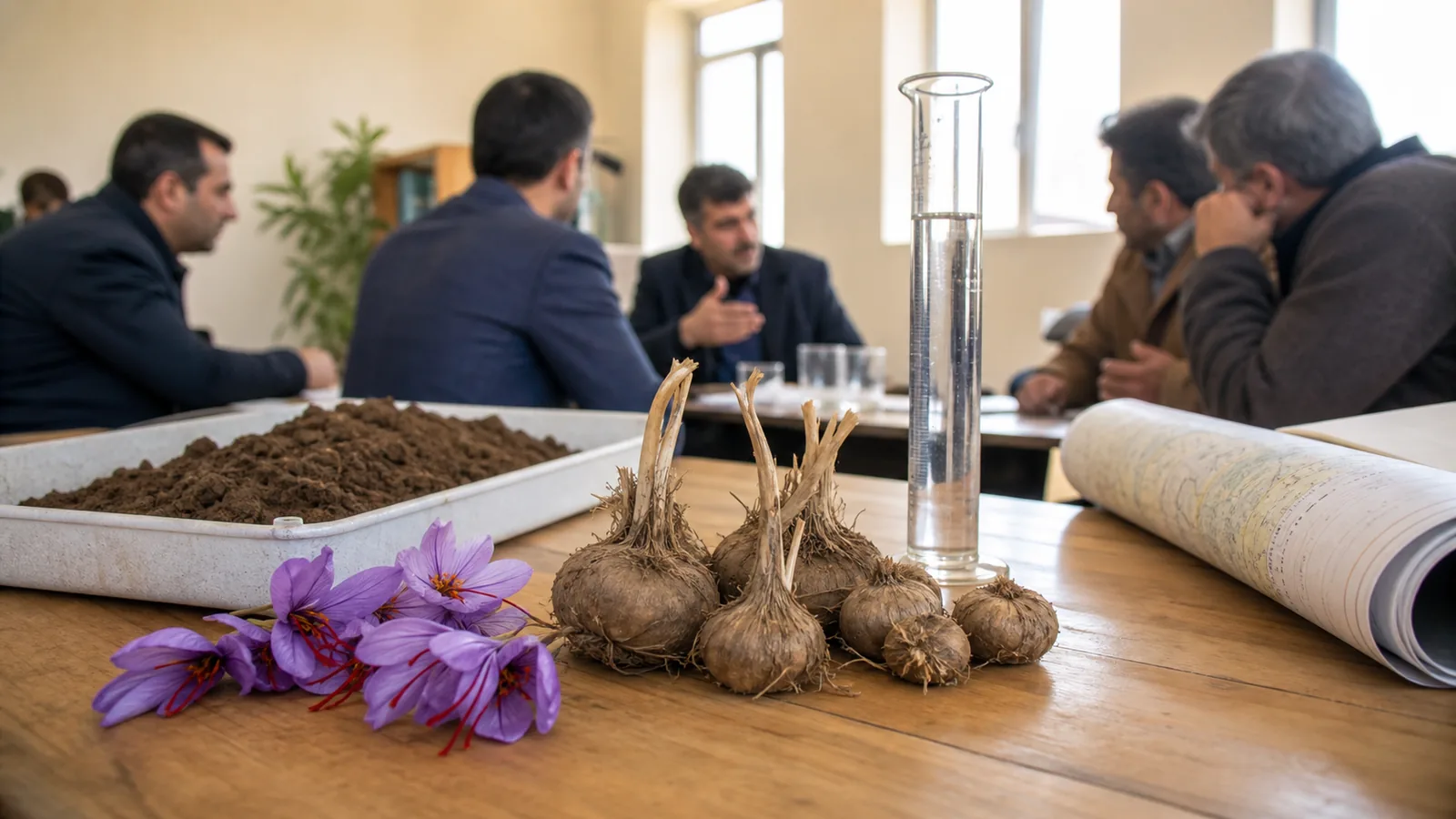 Saffron corms and soil samples at an agricultural conference in Qom