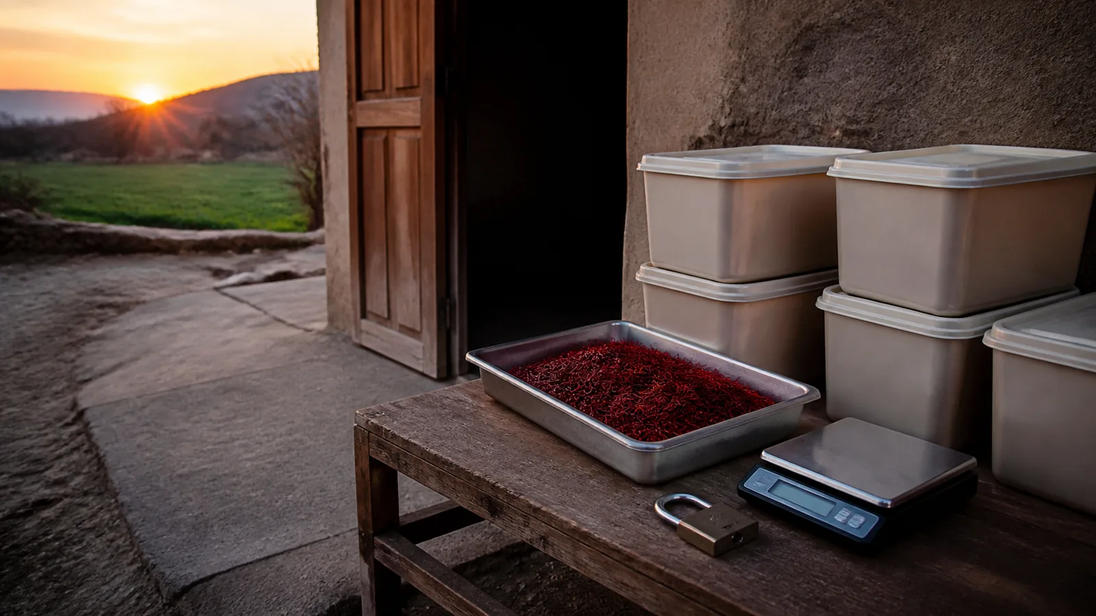Returned saffron containers being checked beside a scale and padlock