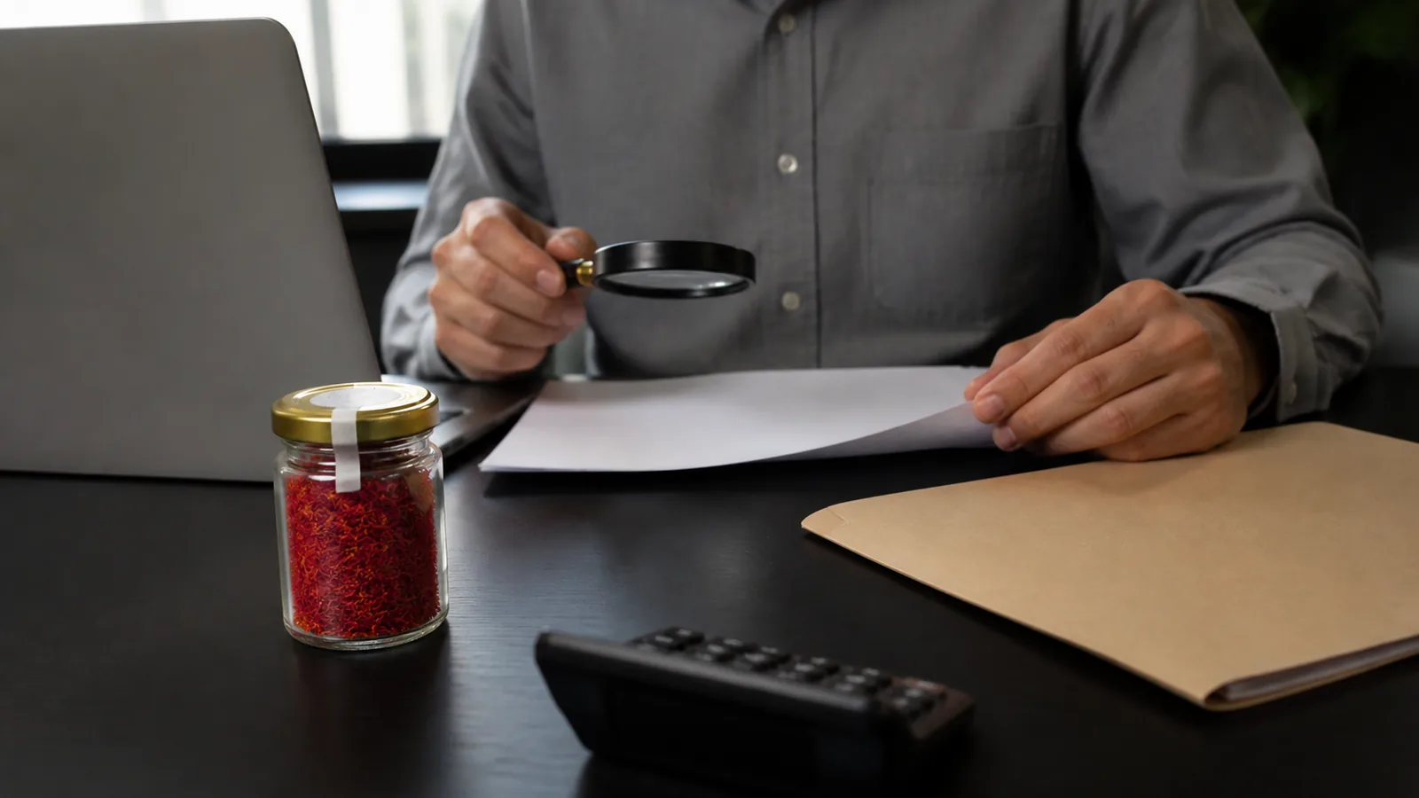 Saffron jar and blank business documents being checked carefully
