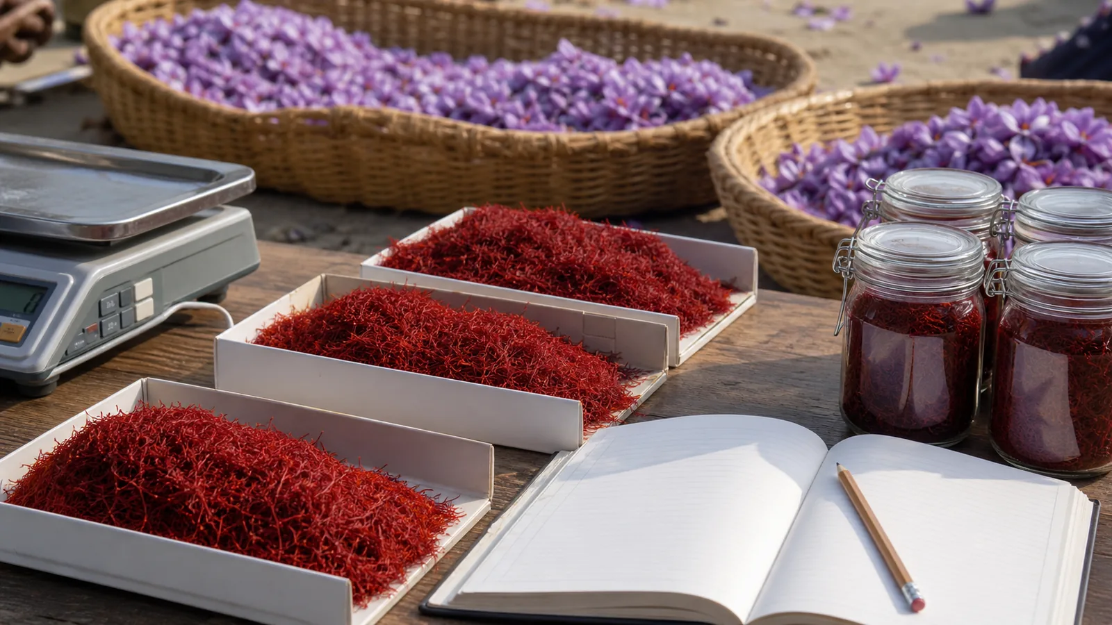 Iranian saffron lots weighed beside a blank harvest price ledger