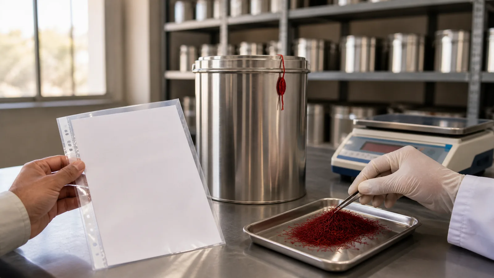 Saffron quality check beside a blank commodity warehouse certificate