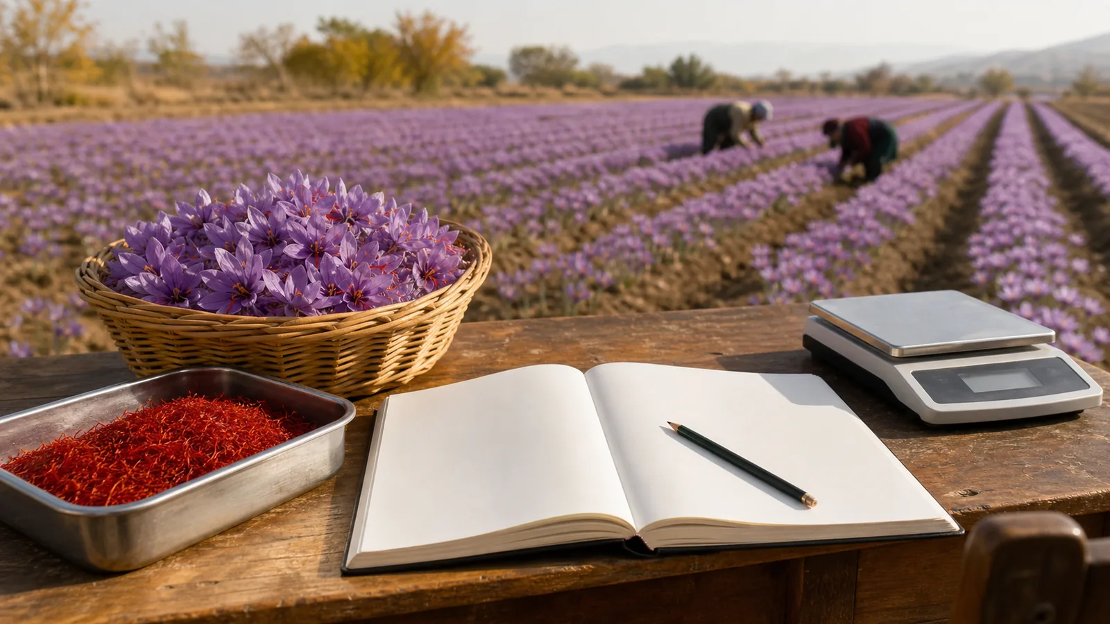 Saffron flowers and dried threads beside a blank production ledger