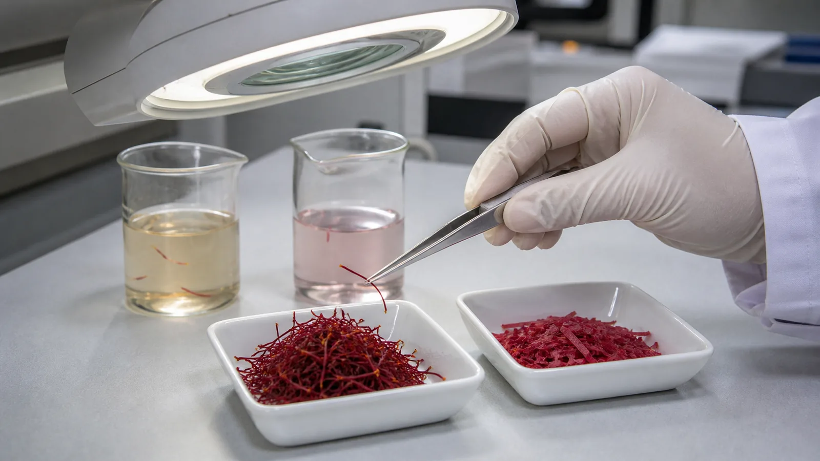 Genuine saffron and suspicious plant fibres compared in a laboratory