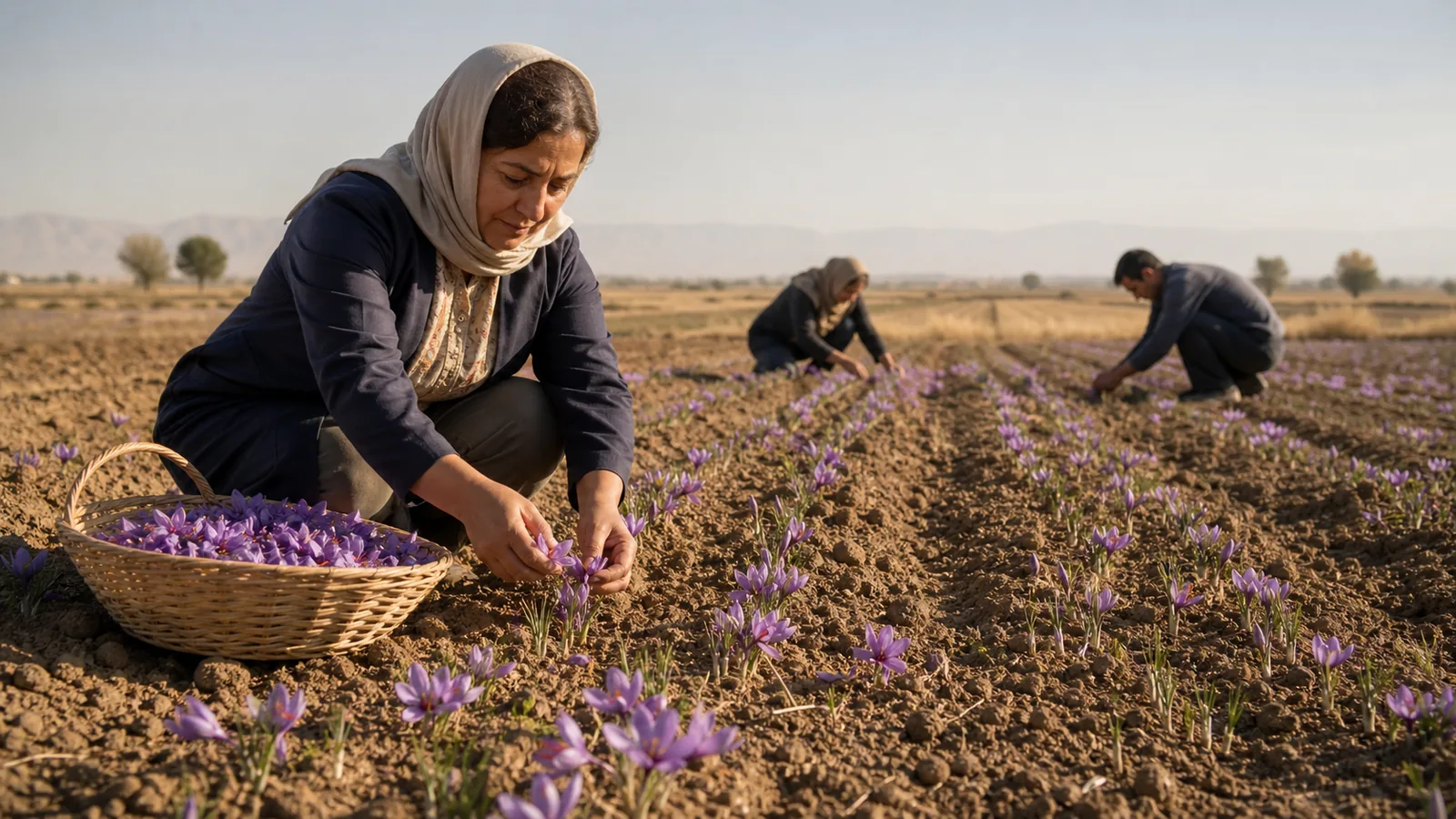 A woman farmer picking saffron flowers with family members in the field