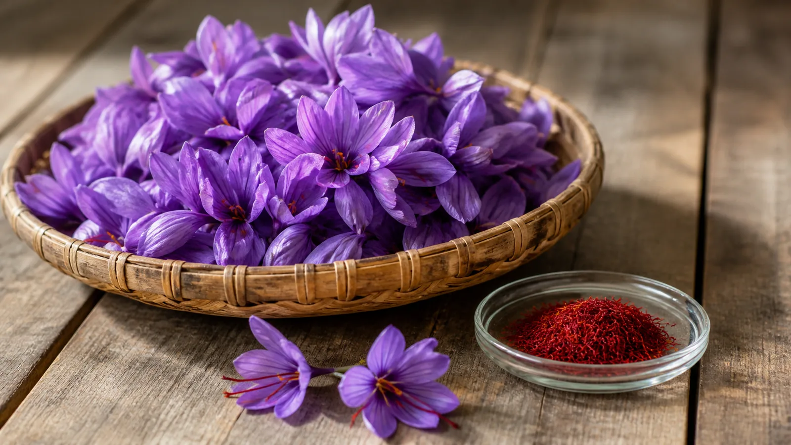 Fresh saffron flowers beside a small dish of dried saffron threads