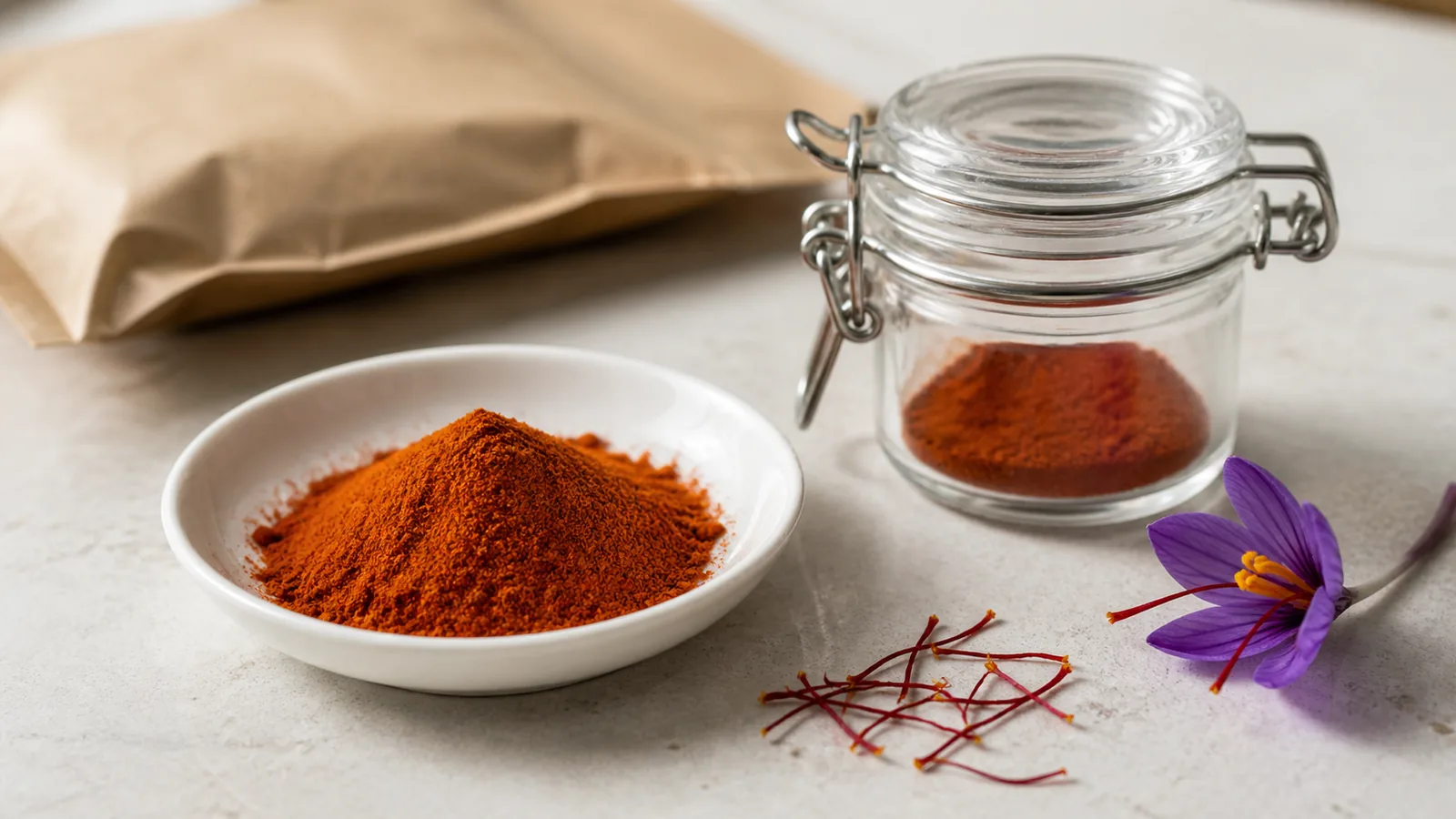 Ground saffron powder beside whole saffron threads and a crocus flower