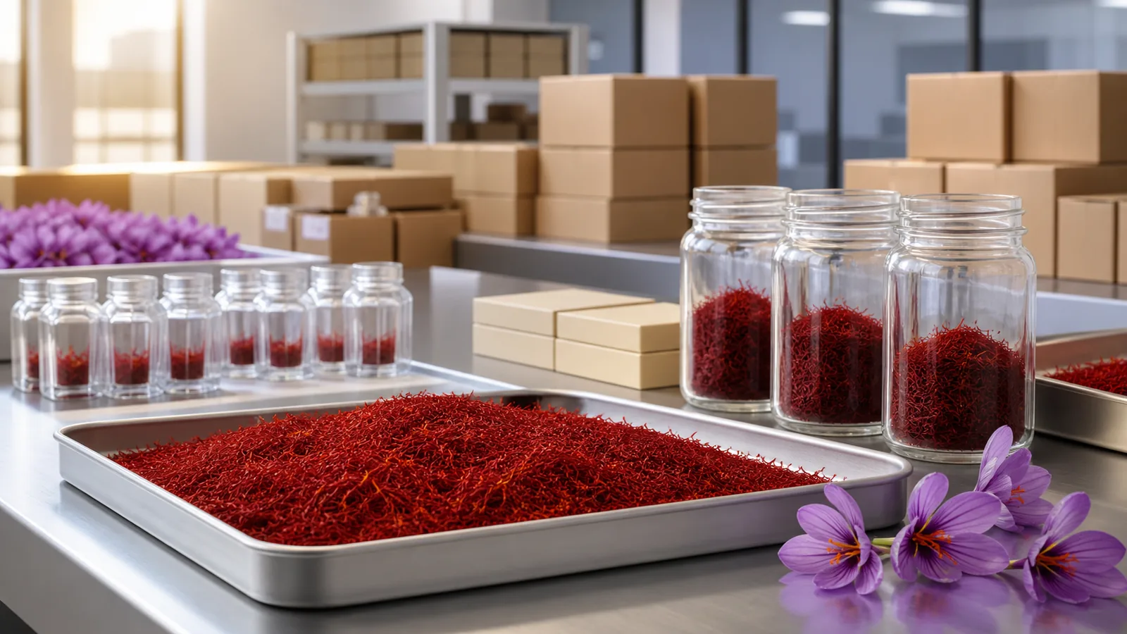Saffron threads being graded and packed for export