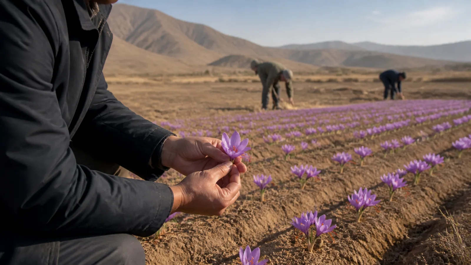 Visitor holding a saffron flower in a Khosf field during harvest