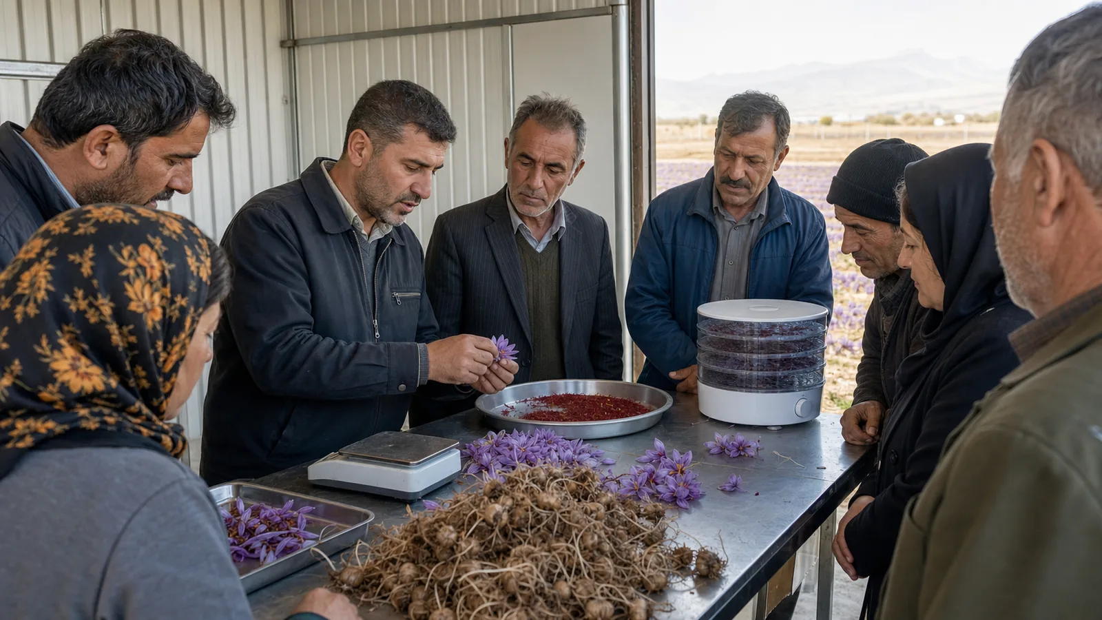 Farmers learning saffron corm selection and flower processing in a workshop