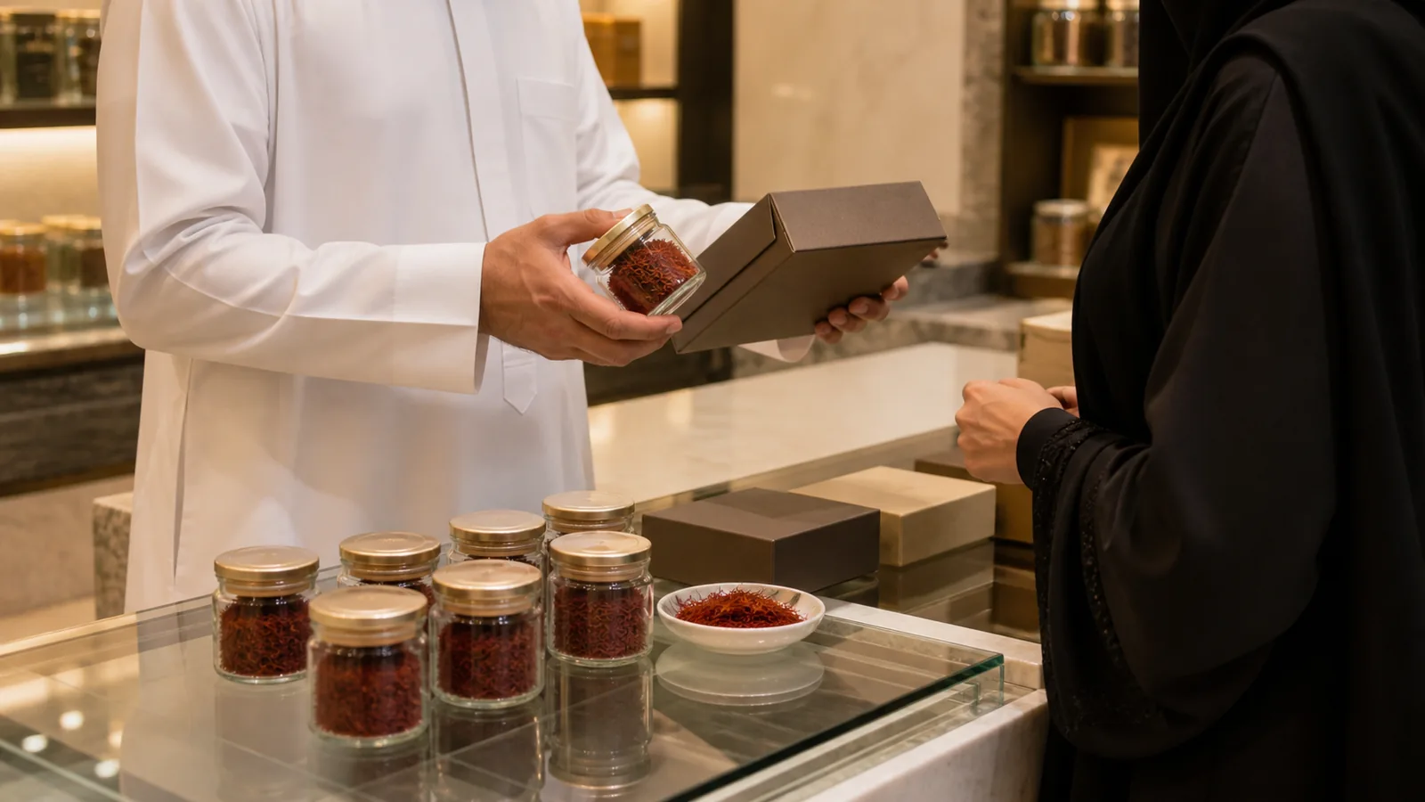 Customer buying Iranian saffron in a Saudi Arabian spice shop