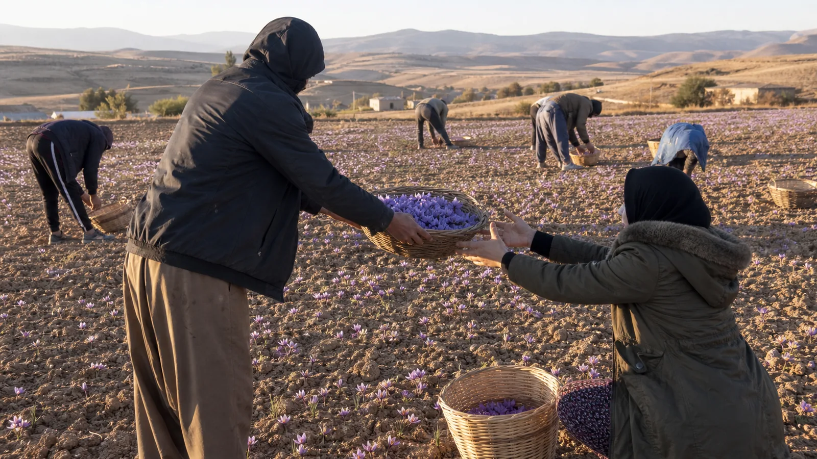 Village team picking saffron flowers in Qader Marz, Kurdistan