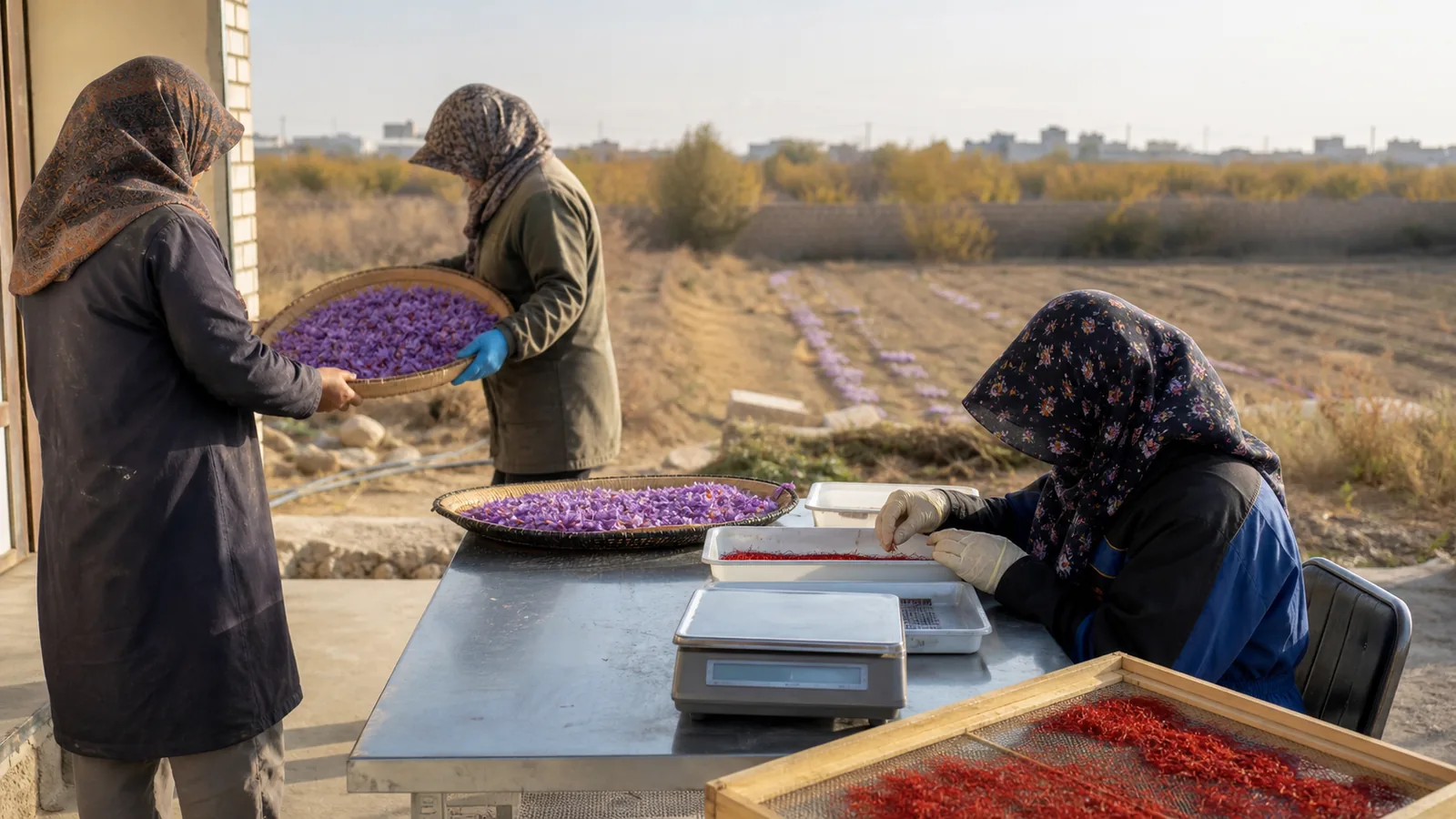 Growers processing a small saffron harvest in Varamin