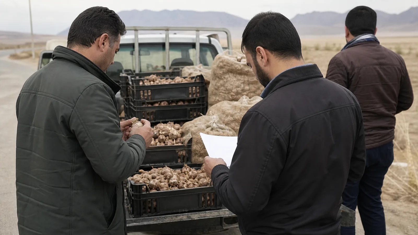 Inspectors checking saffron corms transported in a pickup near Sarayan