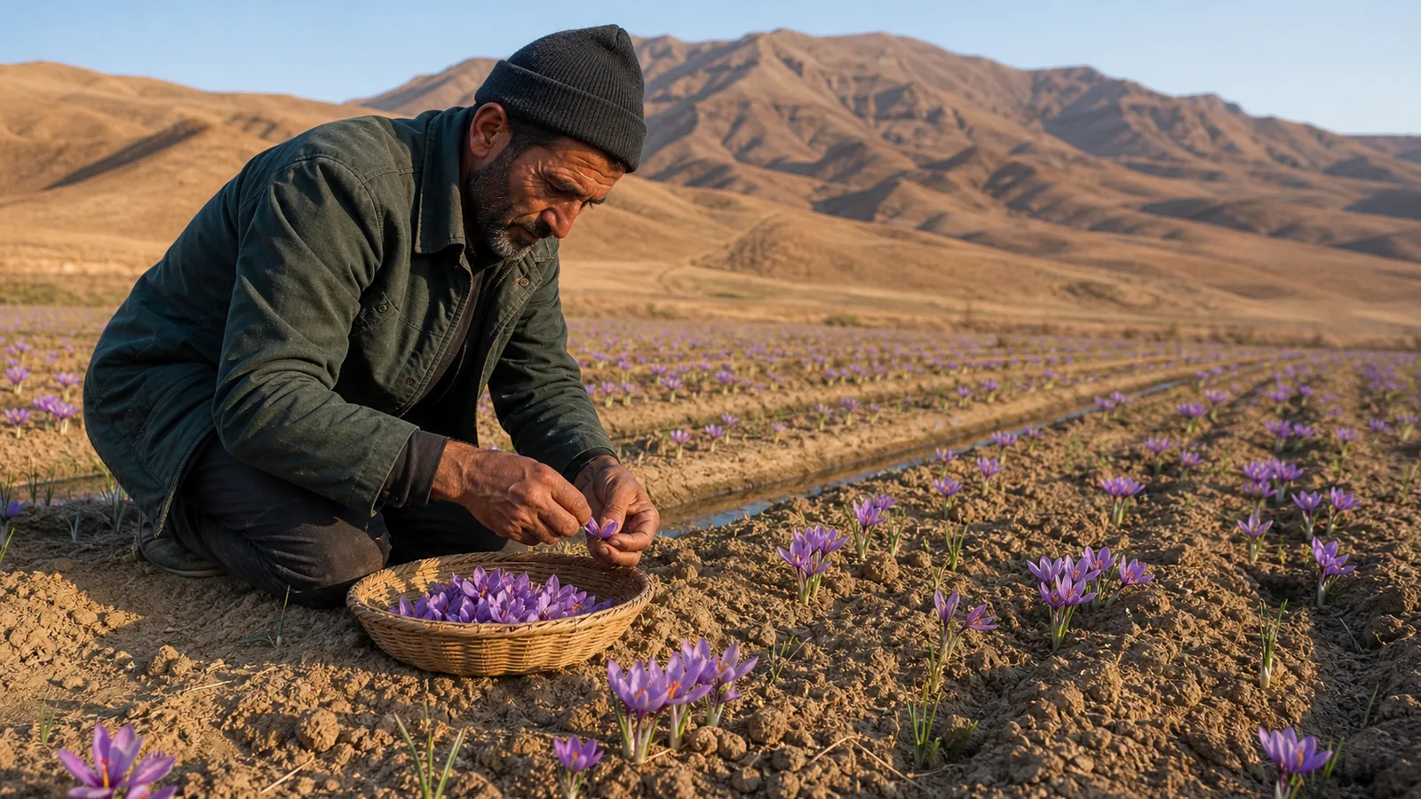 A grower picking purple saffron flowers in a Kohbanan highland field