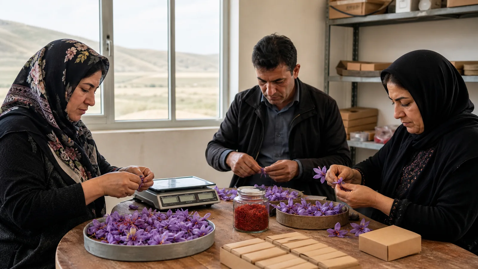 Germi cooperative members sorting saffron flowers together