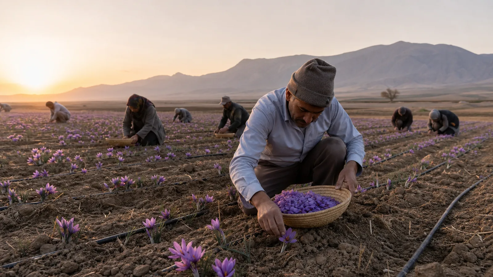 Quchan farmers picking purple saffron flowers at sunrise