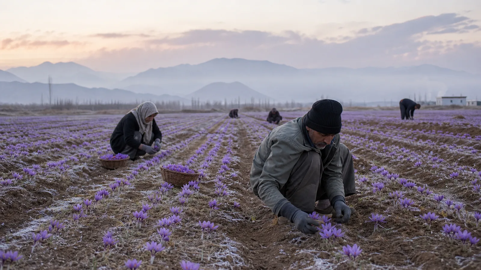 Farooj farmers harvesting saffron flowers on a frosty morning