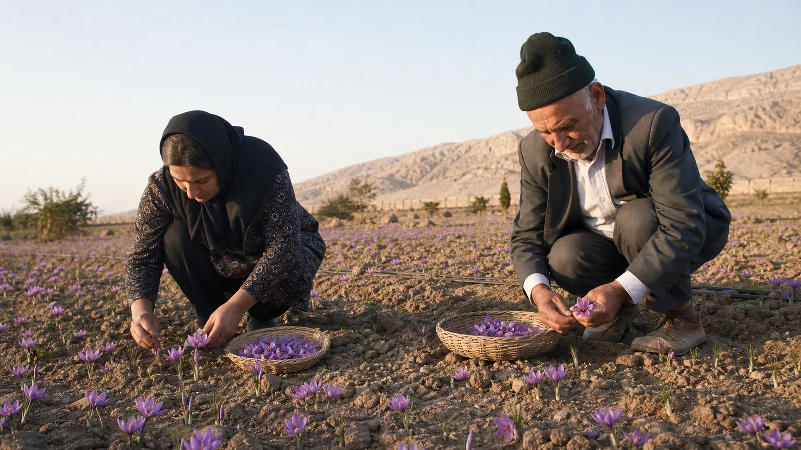 Two growers picking saffron flowers in a dry Neyriz field