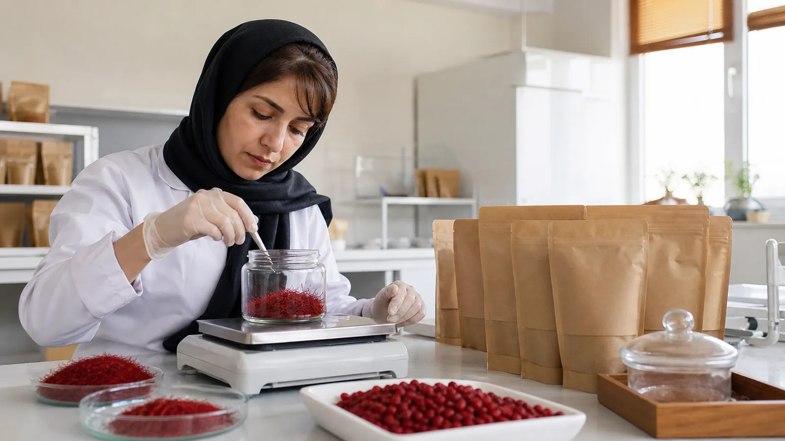 Quality worker packaging South Khorasan saffron with batch samples