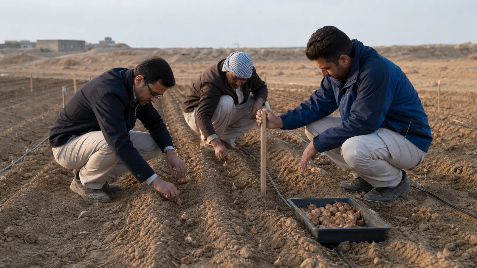 Farmers planting saffron corms in dry Sistan pilot furrows