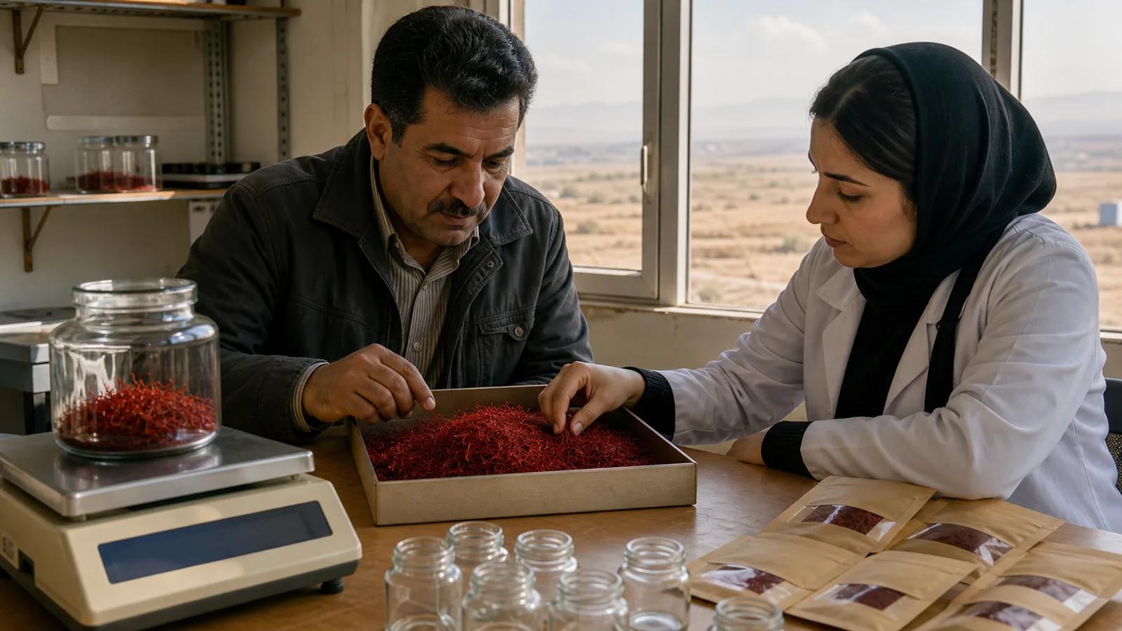Isfahan grower and technician checking saffron for regional packaging