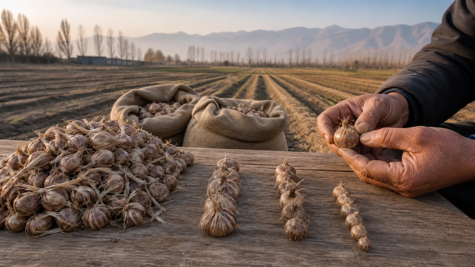 Saffron corms graded by size beside a North Khorasan field