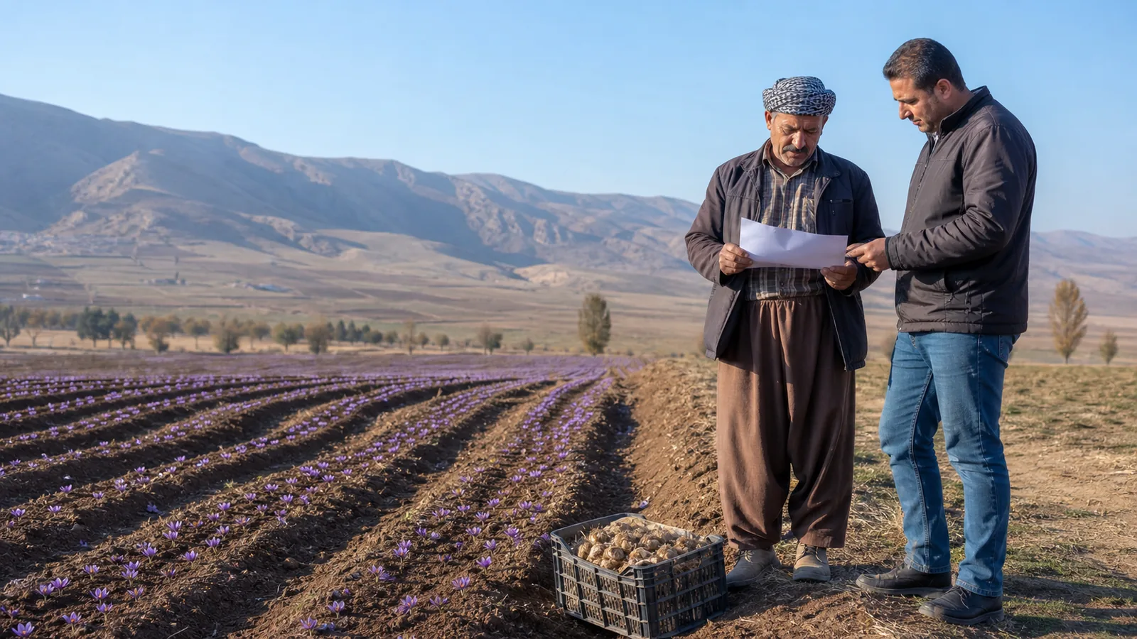 Farmer and agricultural adviser reviewing a Kermanshah saffron field