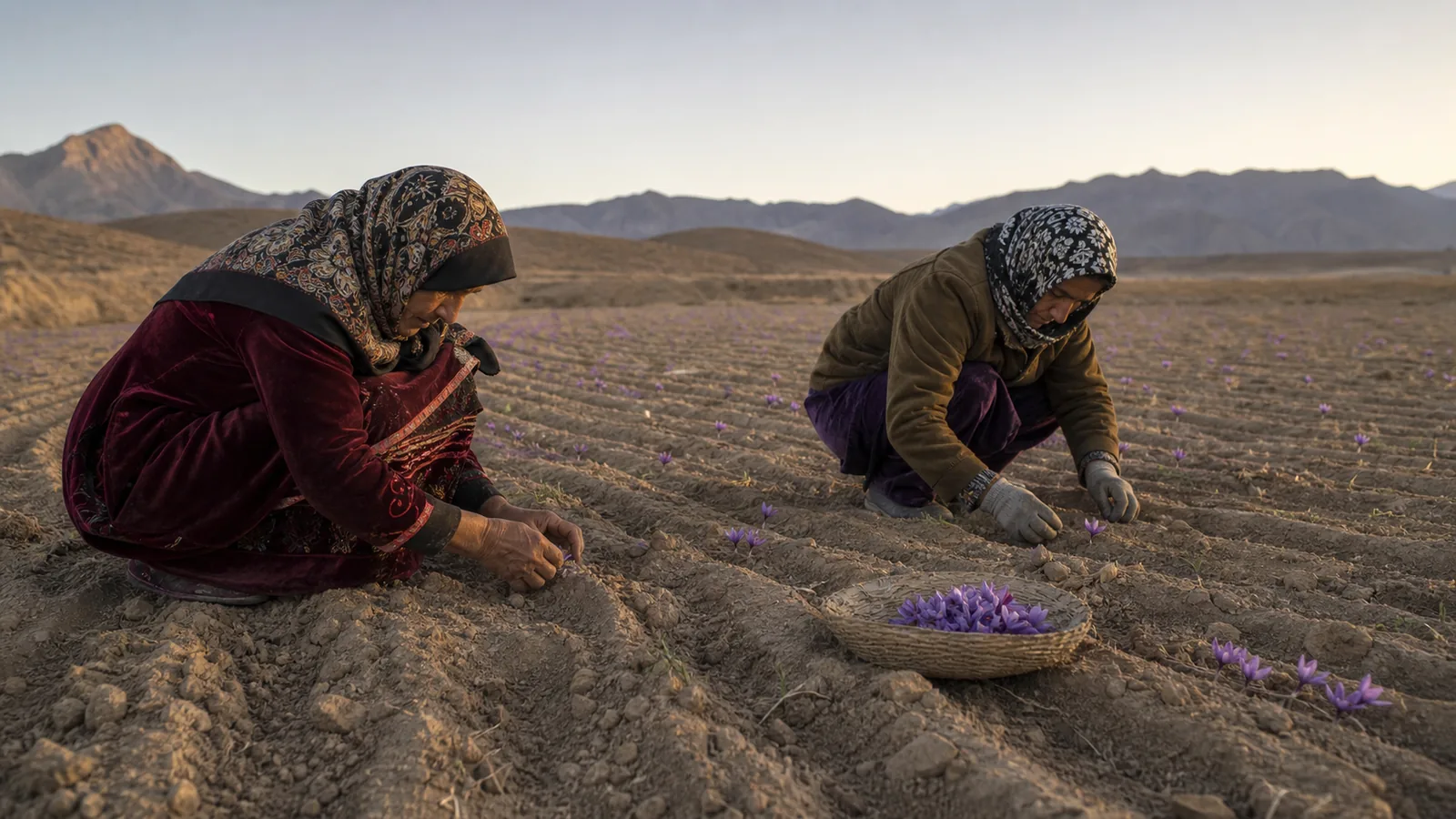 Workers picking a sparse saffron harvest in Khalil Abad