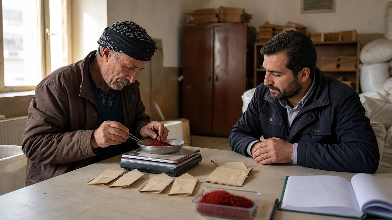 Selsele farmer and buyer weighing a dried saffron lot