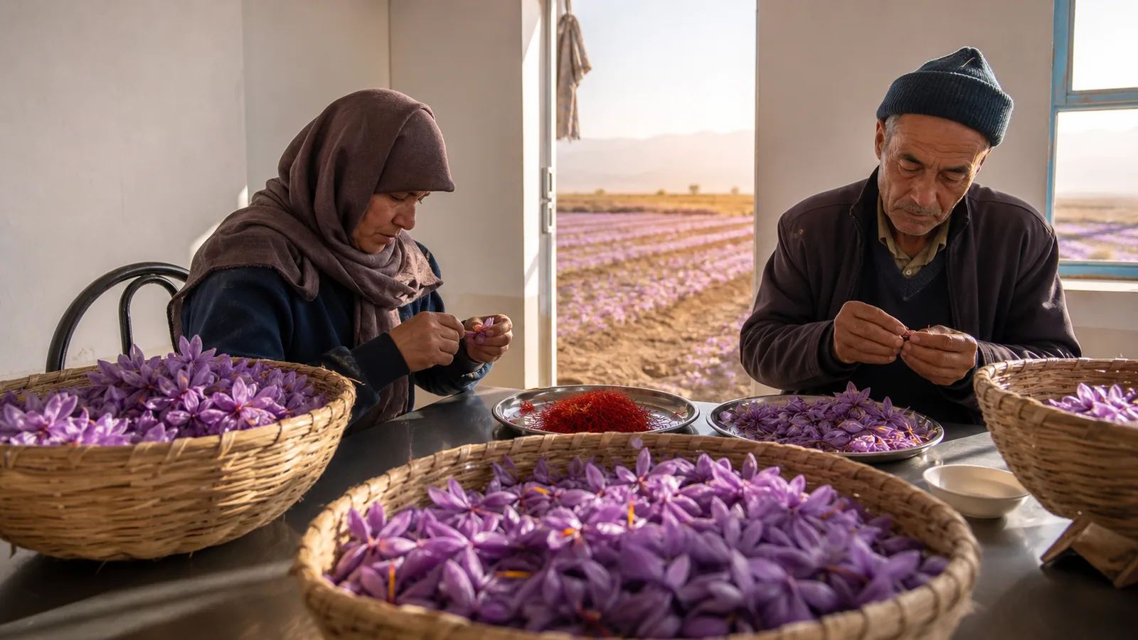 Workers separating saffron flowers in a Bakharz processing room