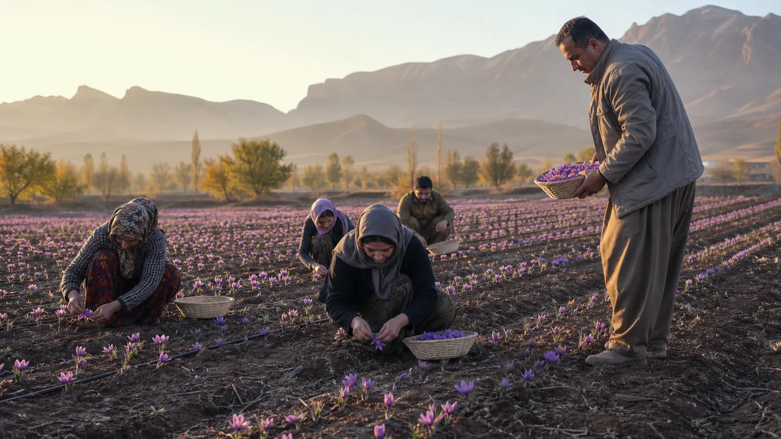 Workers picking saffron flowers at dawn in Kermanshah