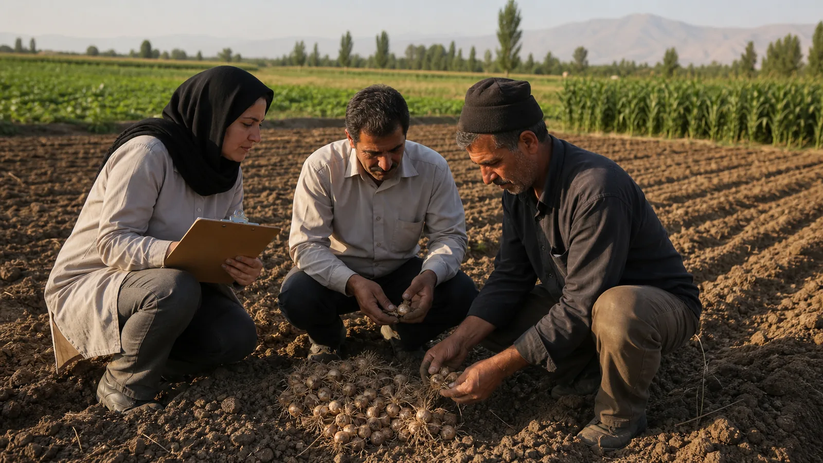 Farmers and a rural facilitator inspecting saffron corms in Bouin Zahra