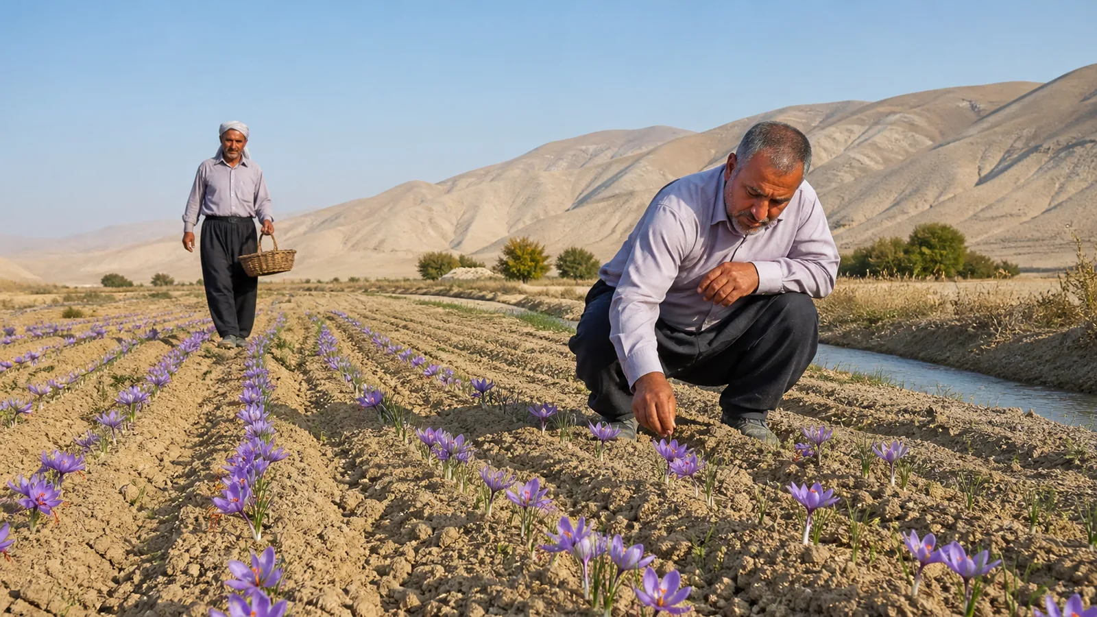 Farmers tending a saffron field in Qom Province
