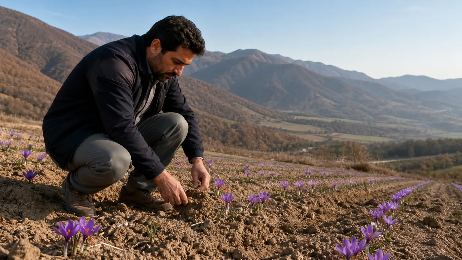 Agricultural specialist inspecting a saffron field in the Mazandaran highlands