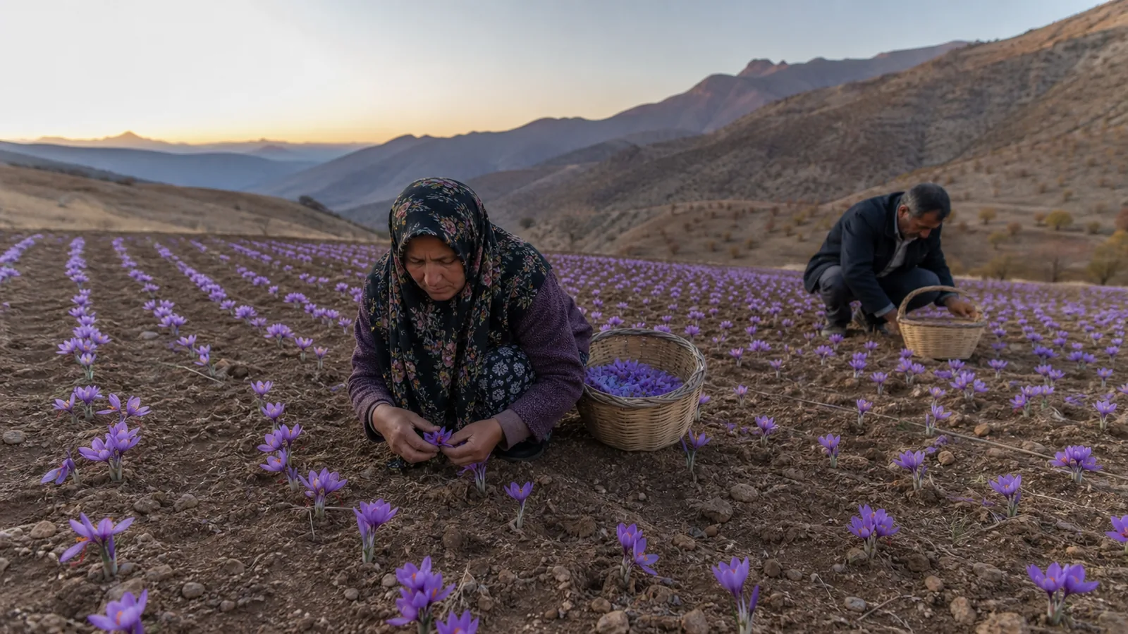 Farmers harvesting saffron in Chaharmahal and Bakhtiari
