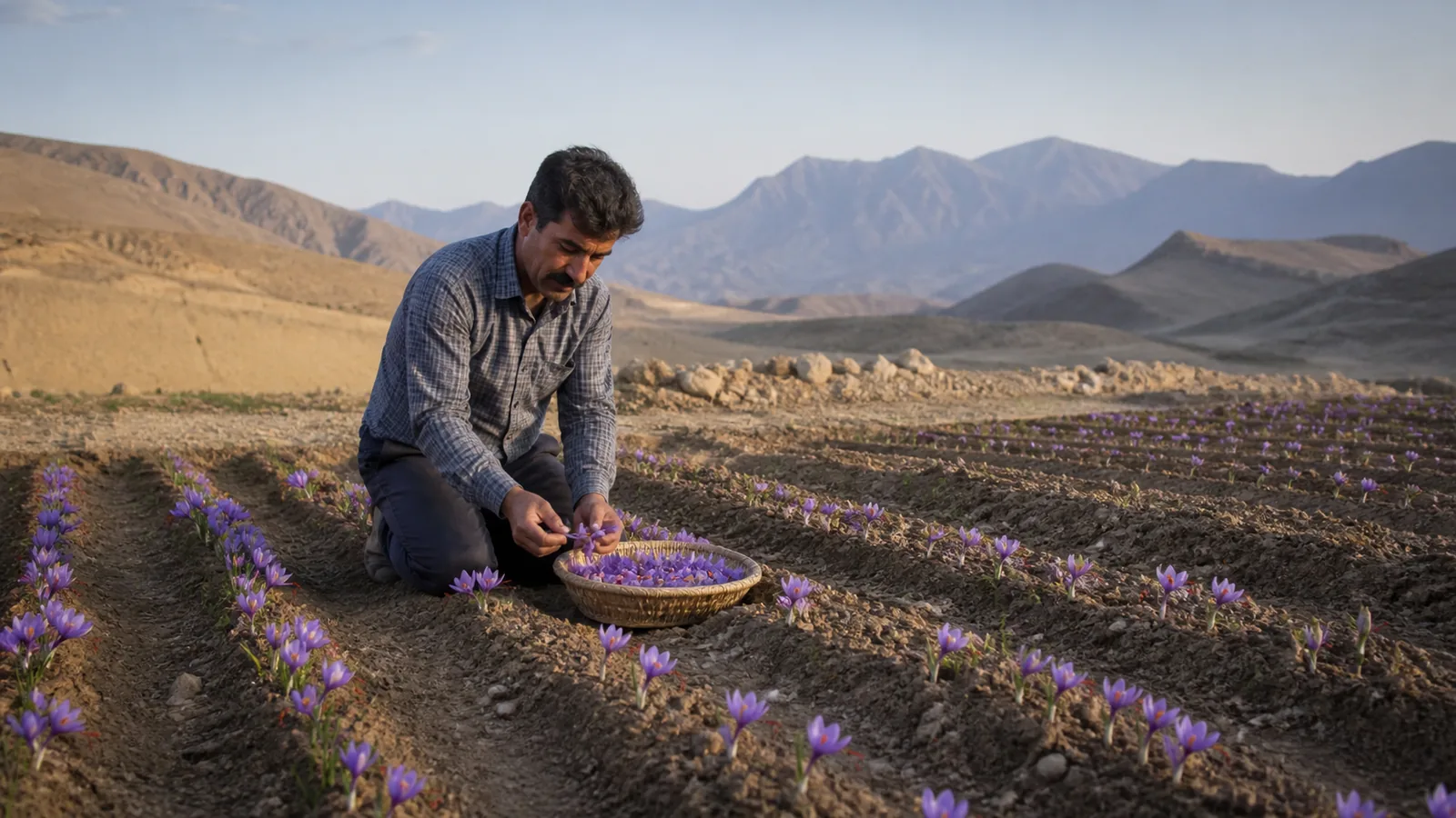 Farmer harvesting saffron in a field near Baft in Kerman Province