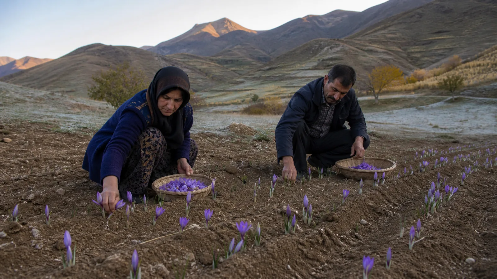 Two farmers harvesting saffron in a mountain field in Khalkhal