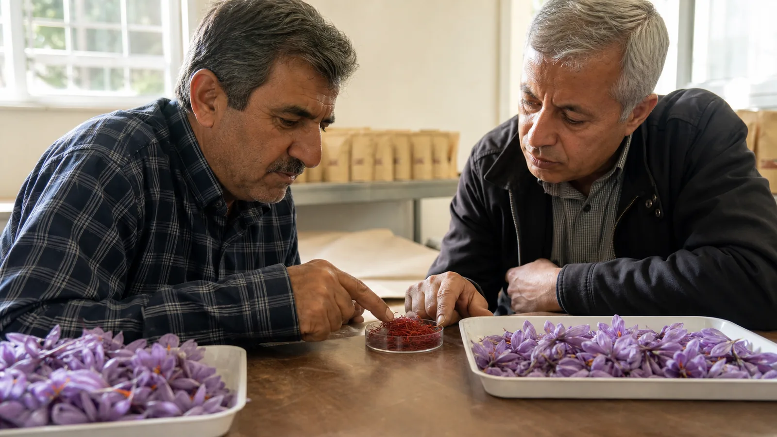 Saffron grower and buyer examining dried saffron in Torbat Heydarieh
