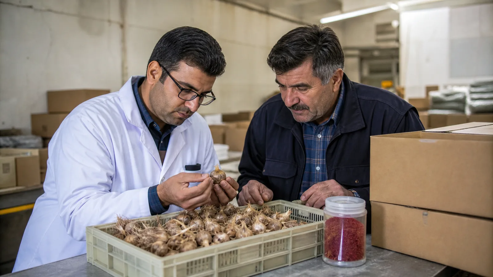 Agronomist and grower inspecting saffron corms beside dried Iranian saffron