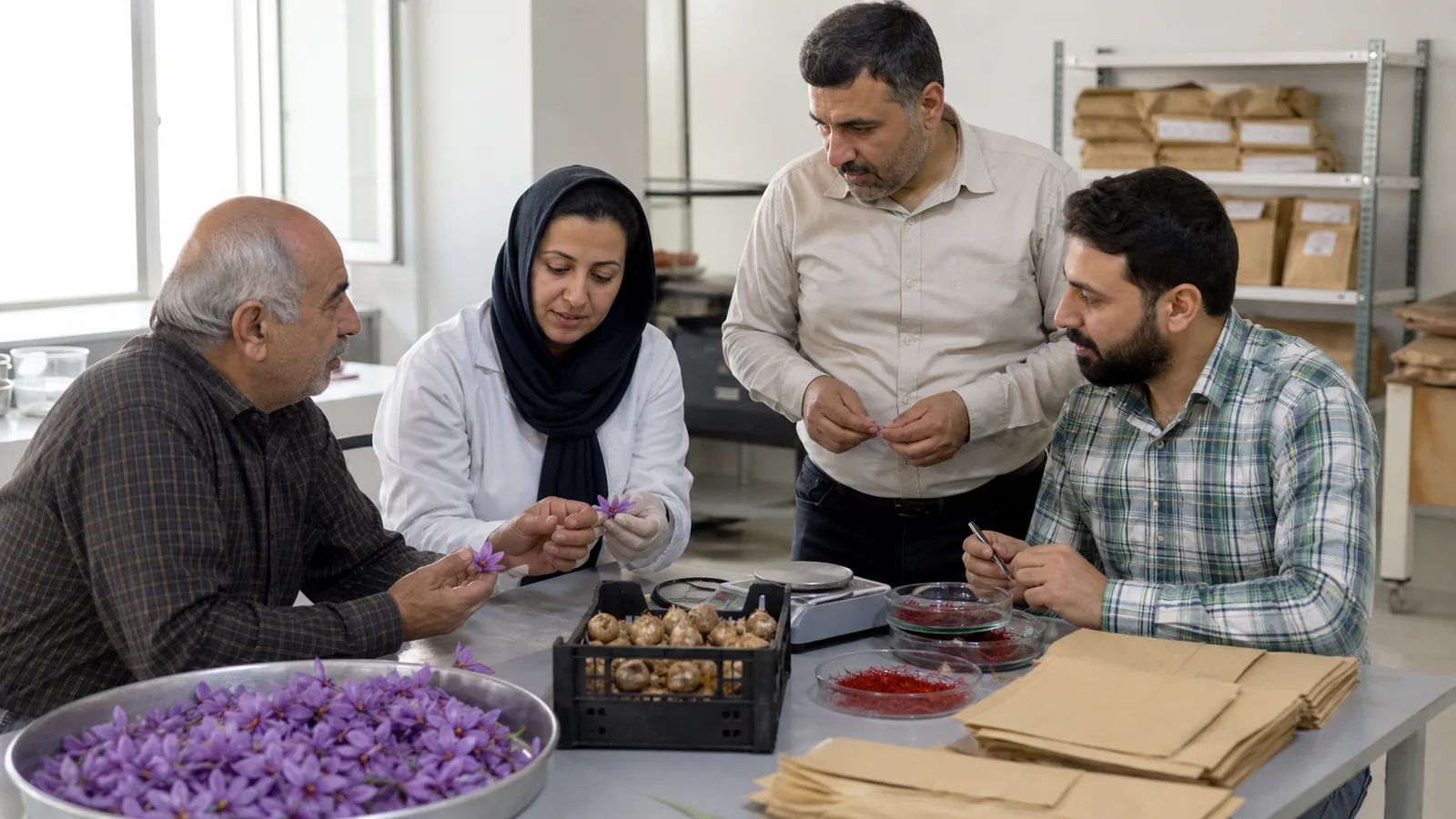 Iranian saffron value chain team reviewing corms flowers and dried saffron
