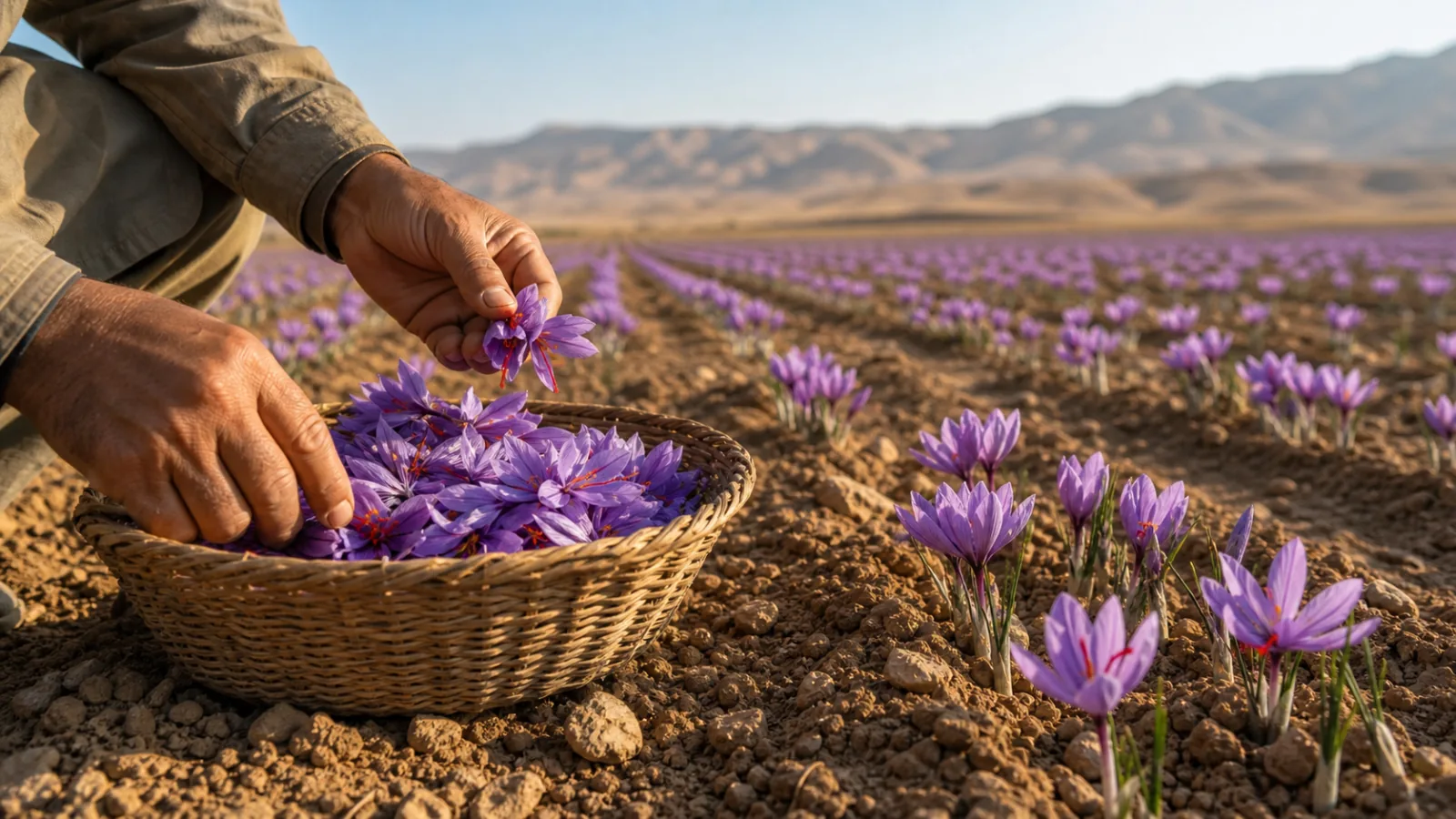 Saffron flowers being harvested in a dry field in Fars Province