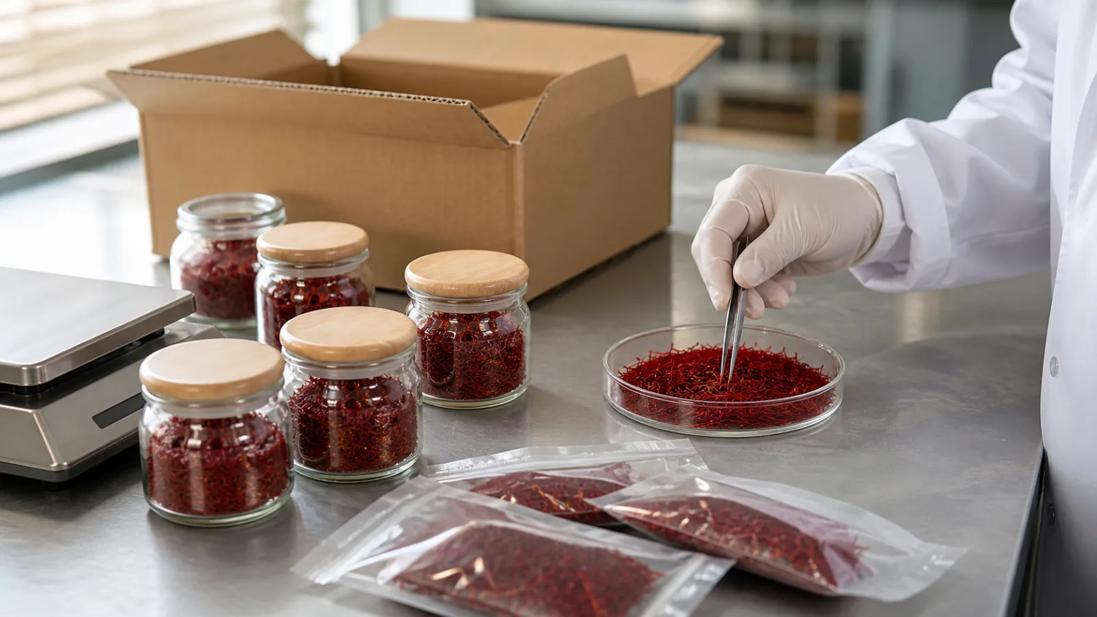 Sealed saffron packages prepared for export inspection