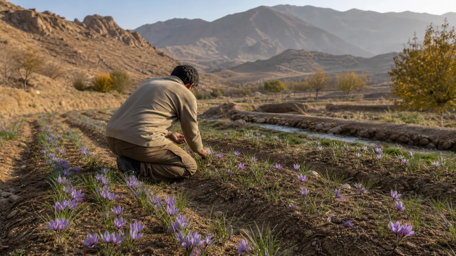 Saffron flowers growing in a mountainous field near Rafsanjan