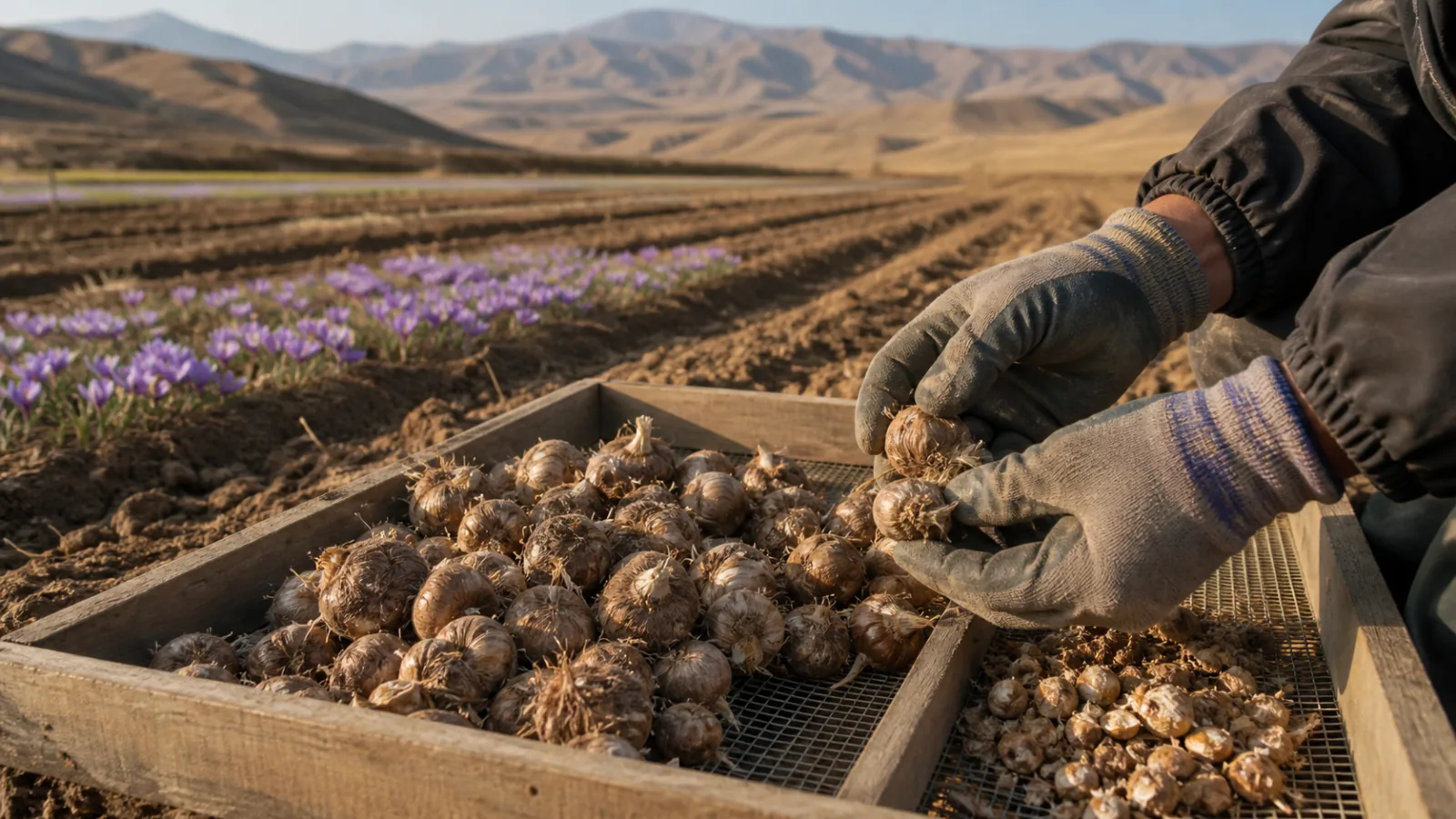 Healthy saffron corms inspected beside a renewed field
