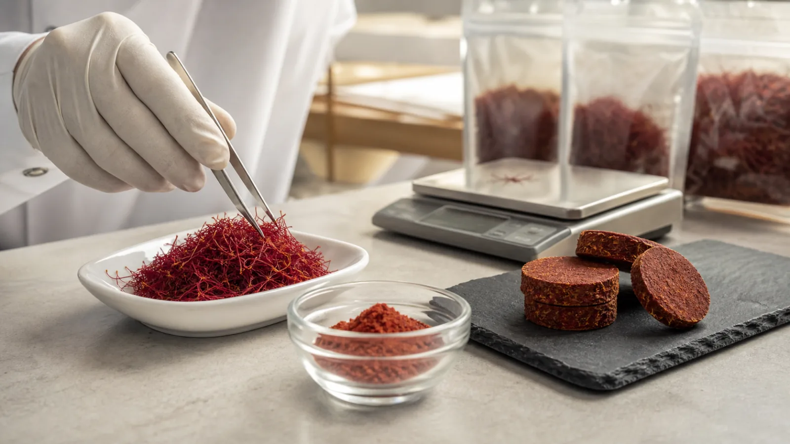 Saffron threads, powder and compressed portions checked for export