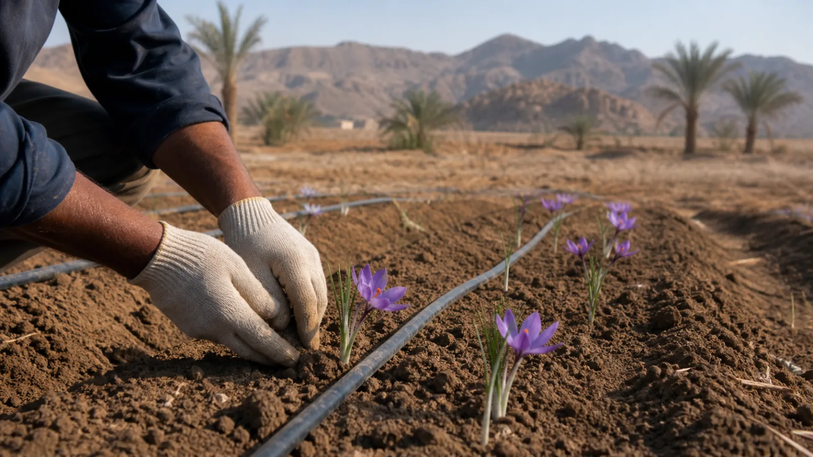 Saffron trial plot inspected on a dry Hormozgan farm