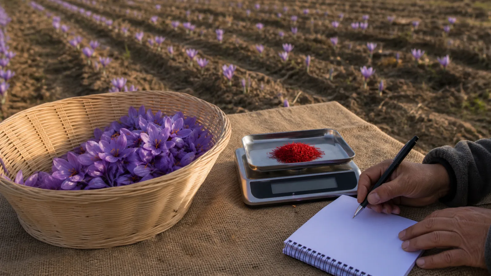 Fresh saffron harvest measured and recorded beside a field