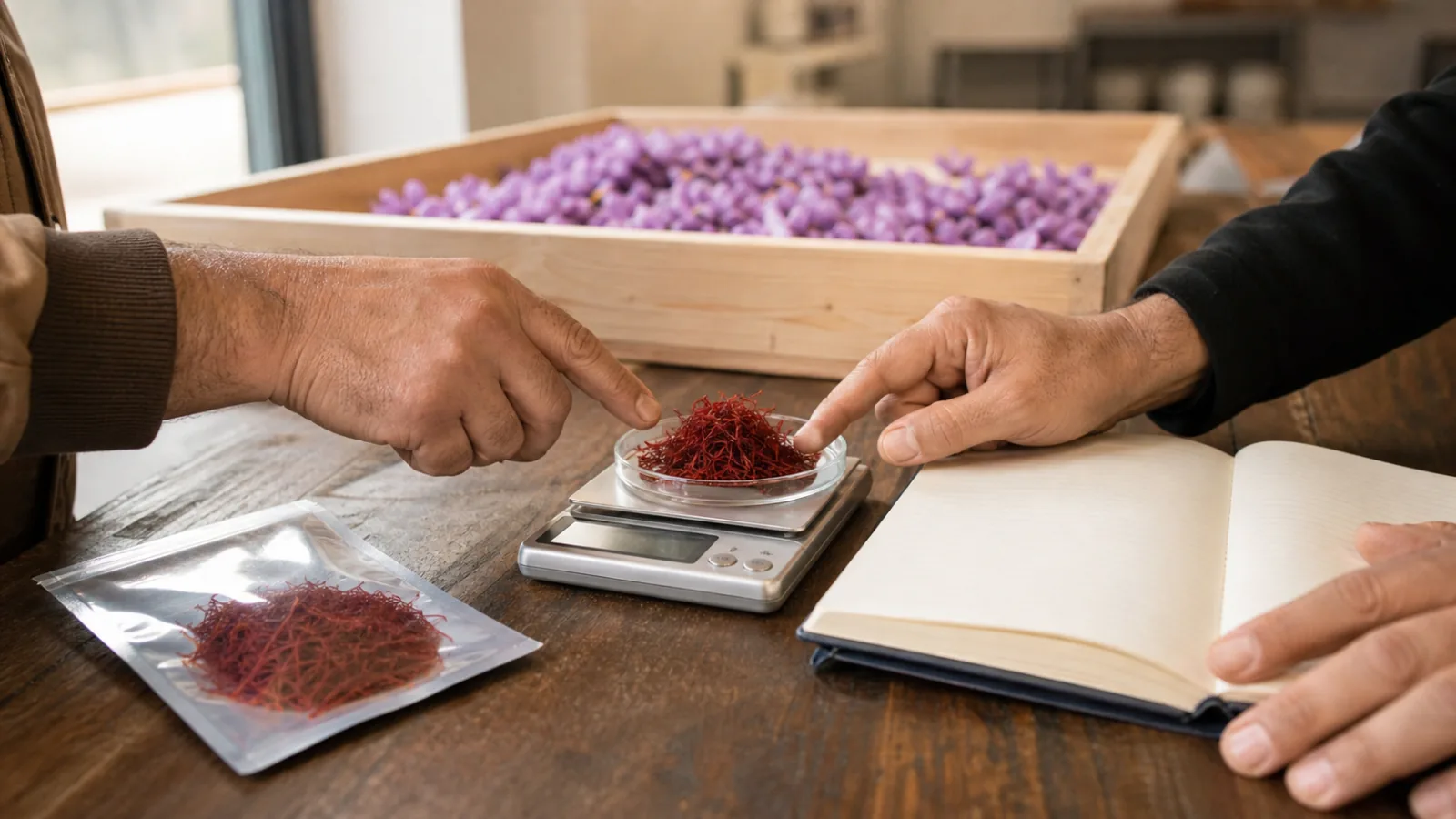 Saffron grower and buyer reviewing a weighed sample and records